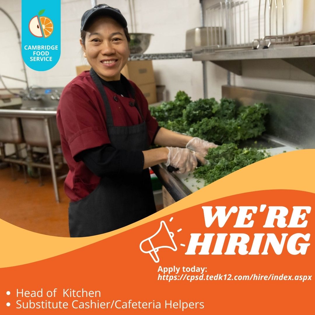 We are growing our team of #schoolchefs. 🧑‍🍳Join us as we work to feed <a href="/cambridge_cpsd/">Cambridge Schools</a> students and apply today to be a Head of Kitchen or a Cashier/Cafeteria Helper! cpsd.tedk12.com/hire/index.aspx

#hiring #newjob #scratchcooking #schoolcooks #schoollunch #cambridgema
