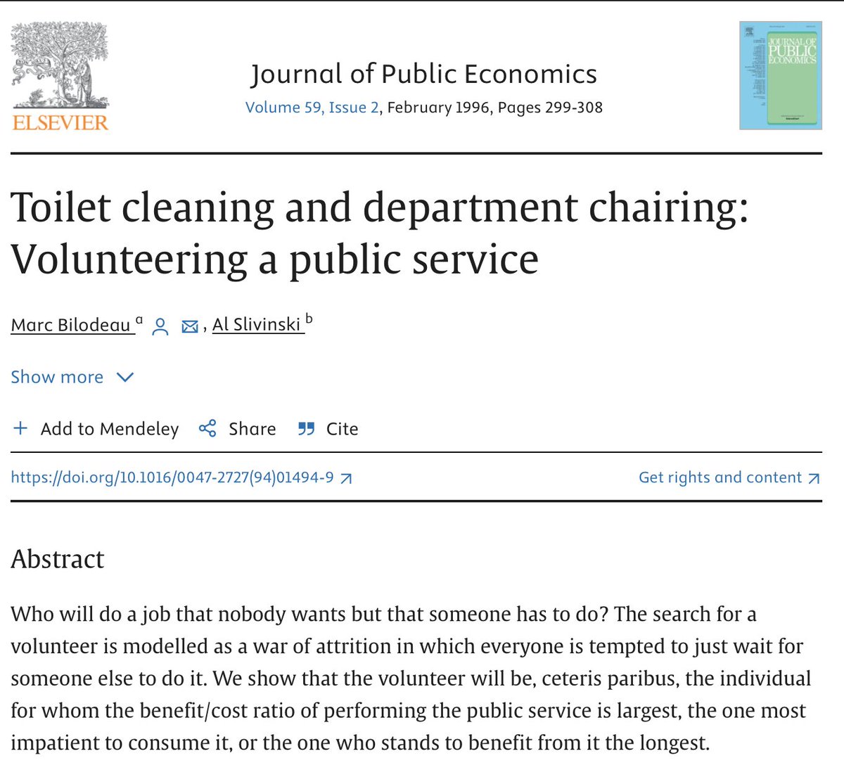 I've always like this paper. 'Toilet Cleaning and Department Chairing: Volunteering a Public Service', Journal of Public Economics, 1996, by Marc Bilodeau and Al Slivinski. sciencedirect.com/science/articl…