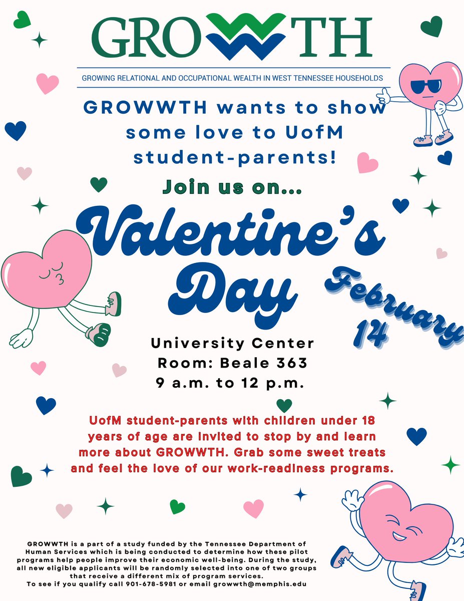 We want to show some love to our student-parents on UofM's campus this Valentine's Day! ❤️
Find us at the UC, room Beale 363, on Wednesday for some sweet treats and learn how GROWWTH could help you break barriers to achieve economic stability.
See you there! 👀
#growwth #uofm