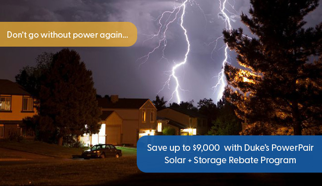 Never experience a power outage again.  If you install a solar + battery storage system, you may be eligible for Duke Energy's new PowerPair rebate! hubs.la/Q02k3XdT0