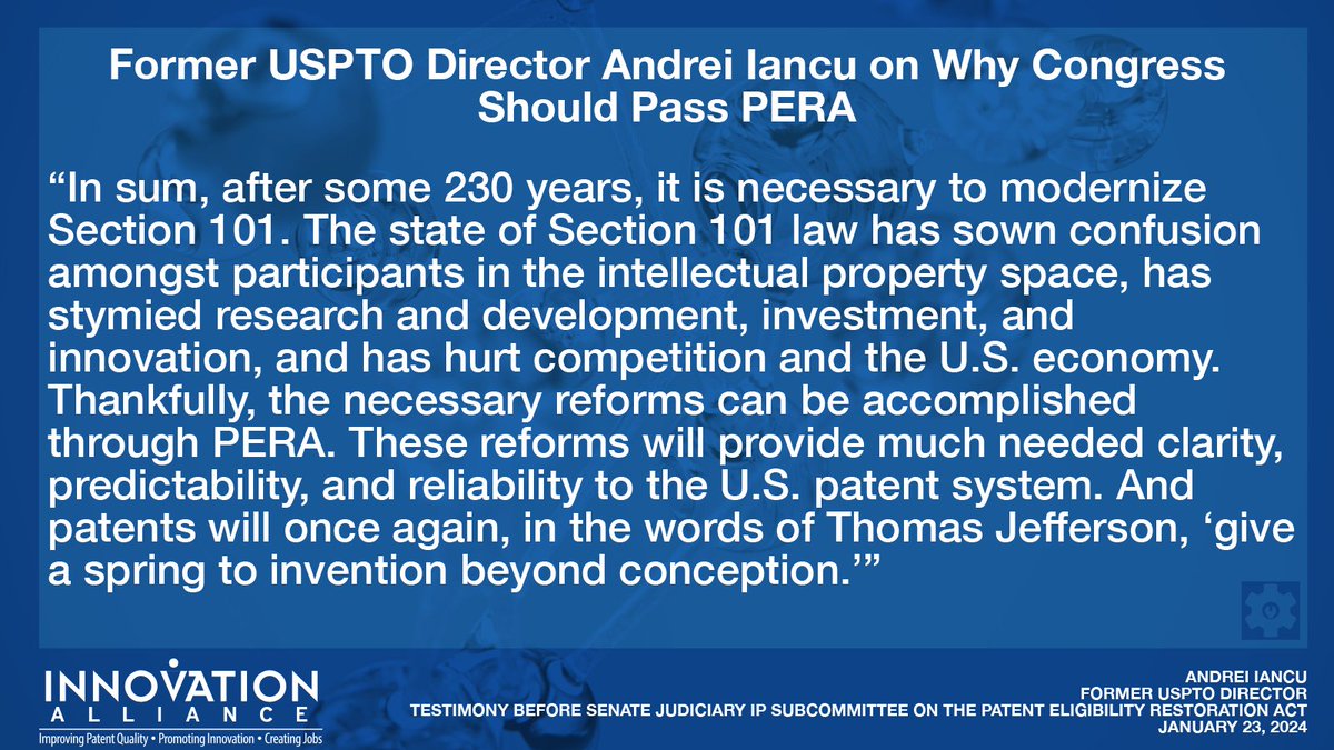 For the U.S. to lead on critical emerging technologies, we need strong #patent rights. Congress, pass #PERA @HouseJudiciary @JudiciaryGOP @JudiciaryDems @SenJudiciaryGOP #PatentsMatter Former @USPTO Director Andrei Iancu ⤵️