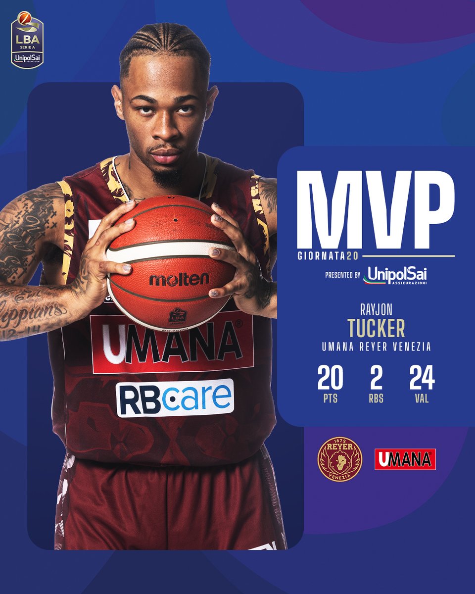 Rayjon Tucker è l’#MVP @UnipolSai_CRP della 20^ giornata 👑 Il giocatore della @REYER1872, dopo la vittoria contro Pistoia, è stato votato da voi su Instagram, X, Threads e Whatsapp come miglior giocatore del turno! 🤩 #TuttoUnAltroSport