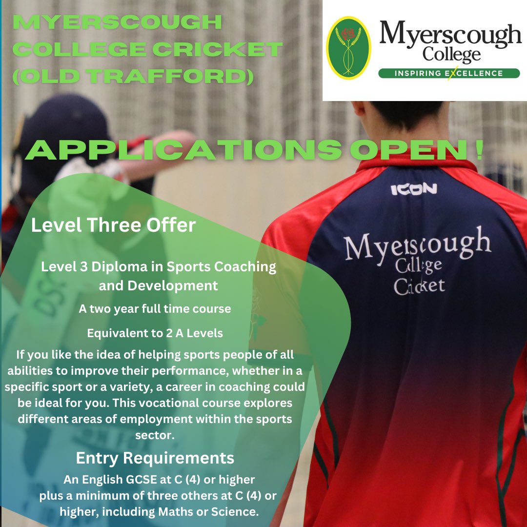 Myerscough Cricket Manchester (@mycricketmcr) on Twitter photo Do you want to study a Level Three Diploma in Sports Coaching and Development at one of the best sporting venues in the country? Do you want to study a Level Three Diploma in Sports Coaching and Development at one of the best sporting venues in the country?