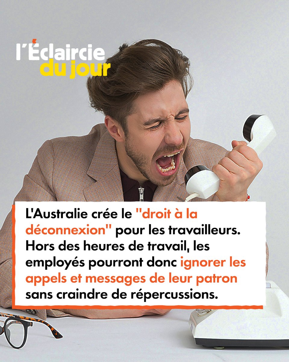 Les appels à 21h30, c’est fini ! 🙅❌

L'Australie va donner aux travailleurs le droit d'ignorer les appels et les messages de leurs patrons en dehors des heures de travail, sans pénalité. Au contraire, la loi prévoira des amendes pour les employeurs qui enfreignent la règle. 👏