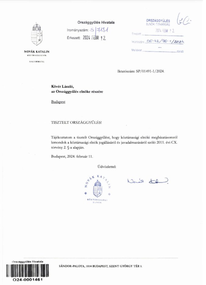 kropka_hu's tweet photo. Prezydent #Węgry Katalin Novák złożyła oficjalne zawiadomienie o zrzeczeniu się urzędu. Jest ono datowane na 11 lutego (ogłosiła decyzję w sobotę, 10 lutego).
Rejestracja dokumentu przypadła na dzisiaj. 
zdjęcie za Magyar Nemzet.
#kropka_hu https://t.co/7E0aweueca