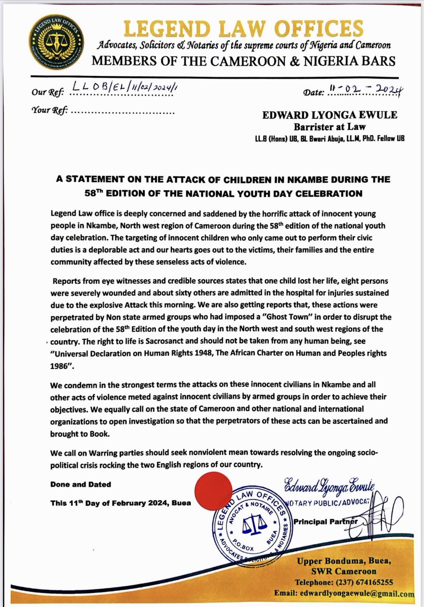 LyongaEdward's tweet photo. My statement on the attack of children in Nkambe, North west Region of Cameroon.

I am saddened and condemn this horrific incident in the most strongest terms.

The right to life is Sacrosanct and should not be taken by any human being.
Let the perpetrators face justice !

#Peace https://t.co/vV45221Oys