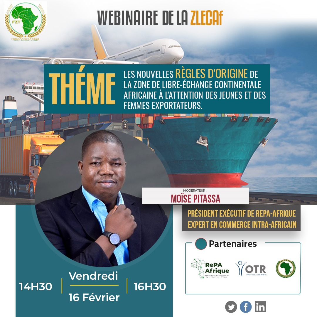 bit.ly/48cjJTk
Rejoignez-nous pour découvrir et comprendre avec nos experts, les règles d'#origine de la #Zlecaf. Un grand merci à <a href="/otr_togo/">Office Togolais des Recettes</a> pour son soutien.

<a href="/AfCFTA/">AfCFTA Secretariat Official</a> 
<a href="/AfCFTA_Expert/">AfCFTA_Expert</a> 
<a href="/afreximbank/">African Export-Import Bank - Afreximbank</a> 
<a href="/CommercegouvTg/">Ministère du Commerce - TOGO</a> 
<a href="/CEGEofficiel/">Cynthia E. GNASSINGBÉ-ESSONAM</a> 
<a href="/ADiallo_ITC/">Aissatou Diallo</a> 
<a href="/ITCnews/">International Trade Centre (ITC)</a> 
<a href="/zlecaf_tg/">Forum ZLECAf Tg</a>