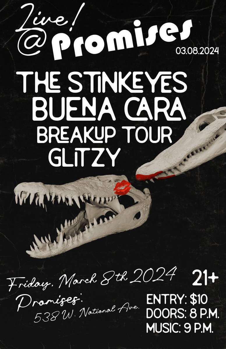 ๐๐ซ๐๐๐ค๐ฎ๐ฉ ๐๐จ๐ฎ๐ซ (@breakuptour) on Twitter photo Not us announcing yet another show but it's true!!! We'll be playing Promises in March with <a href="/TheStinkeyesWI/">The Stinkeyes</a>, <a href="/buenacarawi/">Buena Cara</a>, and Glitzy!!! Not us announcing yet another show but it's true!!! We'll be playing Promises in March with <a href="/TheStinkeyesWI/">The Stinkeyes</a>, <a href="/buenacarawi/">Buena Cara</a>, and Glitzy!!!