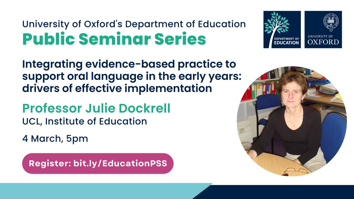 Join Professor Julie Dockrell (@IOE_London) on 4 March for a talk on evidence-based practice to support oral language in the early years Register to attend in-person ➡ bit.ly/3UFxhDA Or join us online➡ bit.ly/3UyVonz #EdChat #EarlyYears #PublicSeminarSeries