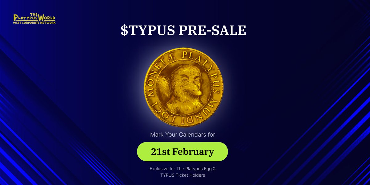 $TYPUS PRE-SALE 🪙 21st February 🗓️ 👉Exclusive for The Platypus Egg & $TYPUS TICKET Holders 🏆10x $TYPUS TICKETS 🔀 RT + Tag friends Get yours:⬇️ jpg.store/collection/the… jpg.store/collection/typ… Join our Discord to get more information:⬇️ discord.gg/qakYKzHBpW