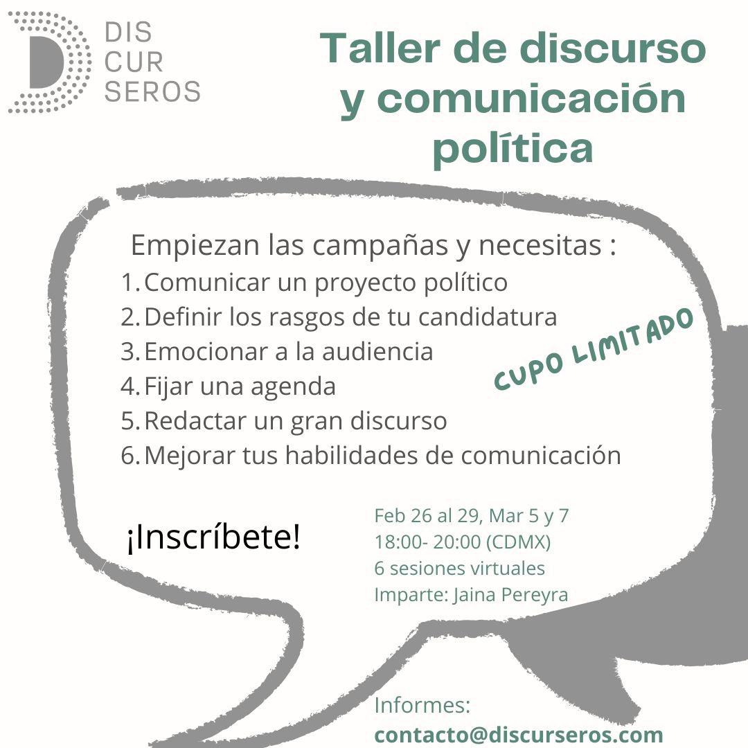 Discurseros's tweet photo. Para quienes estén en equipos de campaña, sean titulares de candidaturas y/o quieran entender y aprender cómo hacer discursos, tenemos este taller. Está enfocado en política, pero sirve en todos los sectores. Informes: contacto@discurseros.com https://t.co/TQHpT1ZhT6