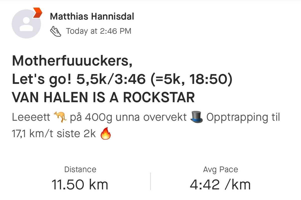 Et_smartere_liv's tweet photo. 🦘🦘🦘🦘🔥🔥🔥🔥 Lett ✔️ 🕺
5,5K, 16 km/t (=5k, 18 : 50).
🦘🤷♂️ På 400g unna #overvekt 🎩
Løp sånn 👈👇 Vurderte flosshatt.
Litt irrasjonell på slutten, etter økt til 17,1 km/t. Raskt henta inn = tegn på god form/ikke _for_ hard økt (mini-#tips).
🚜 💣
#løping #trening https://t.co/x3aacw0jAB