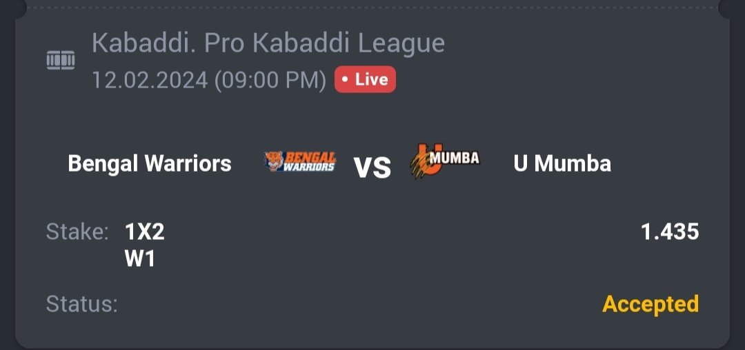 A3RBET's tweet photo. Kabaddi - Pro Kabaddi League

🤼 Bengal Warriors ML
🔖 1.43
💵 10 Units

#GamblingTwitter #SportsBetting #TeamParieur #SportsBet #Betting #FreePicks #A3RBET #SportsBettor

#ProKabaddi #PKL #Kabaddi #PKLSeason10 #10PKL #BENvMUM #UMumba #Mumba #আমাদেরMumba #आमचीMumba

Like + RT https://t.co/wRPyuXPiVJ