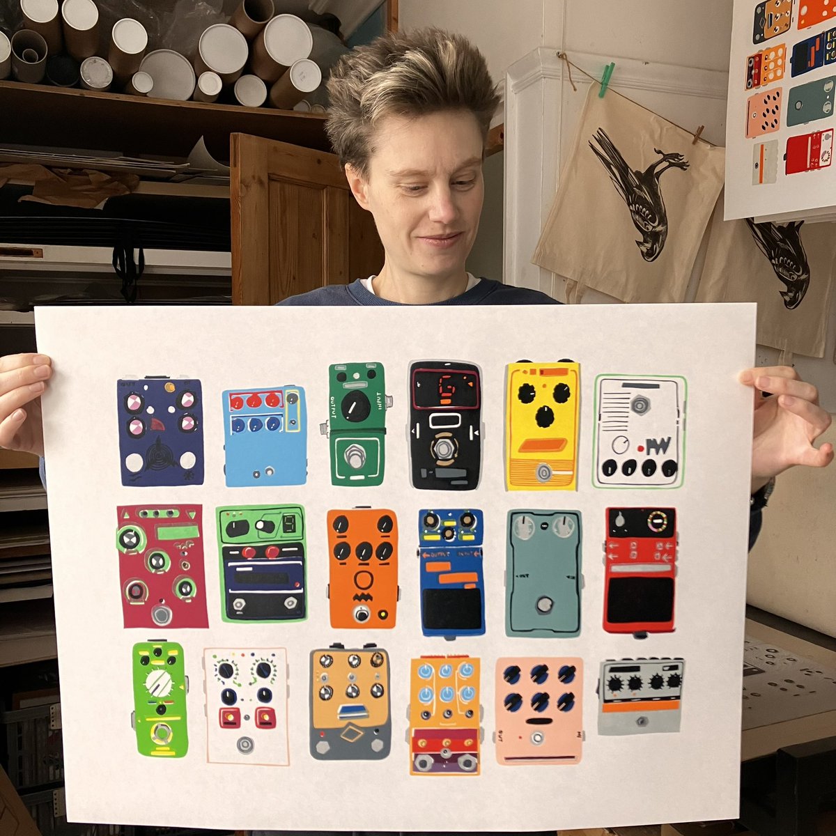 Guitar Pedals linocut print, available now up in my shop hannahforward.com/shop/p/guitar-…