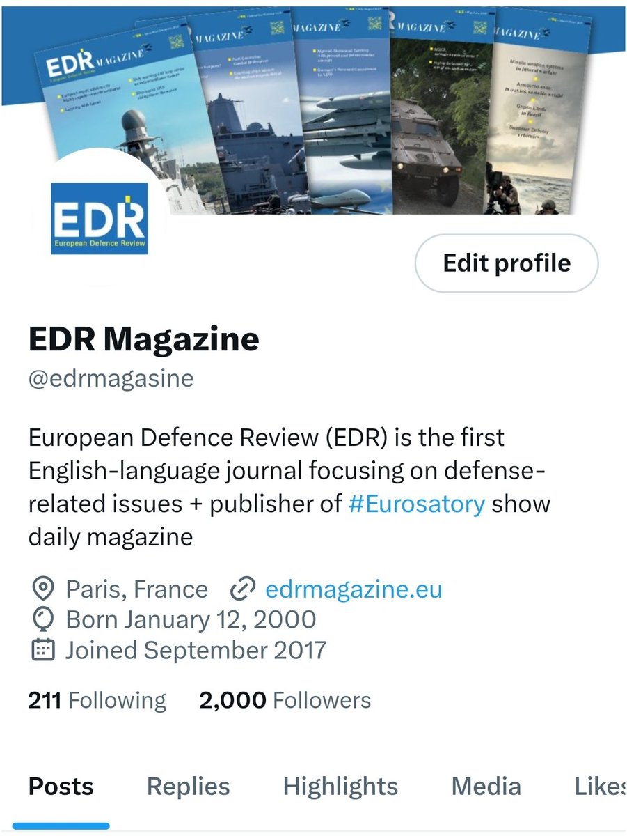 edrmagasine's tweet photo. Today, EDR-online reached 2000 followers on X ! And up!
#EuropeanDefence
#EDRmagazine
#Eurosatory2024
#AirDefence
#LandDefence
#NavalDefence https://t.co/Z4eyMT609q