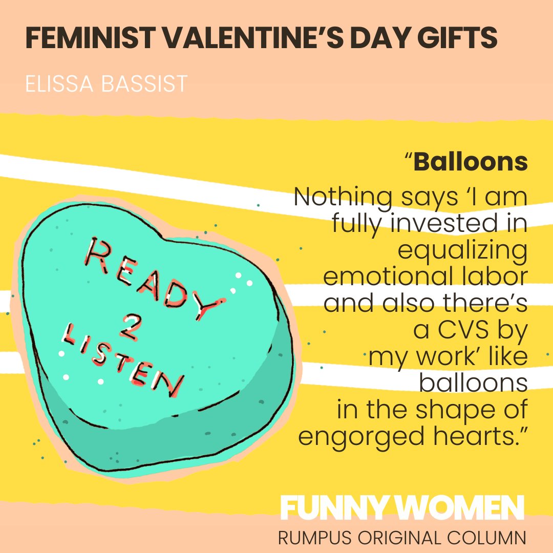 “Balloons: Nothing says ‘I am fully invested in equalizing emotional labor and also there’s a CVS by my work’ like balloons in the shape of engorged hearts.” From the Archives: 'Feminist Valentine's Day Gifts' by @ElissaBassist for @Funny_Women. ➡️therumpus.net/2022/02/04/fun…