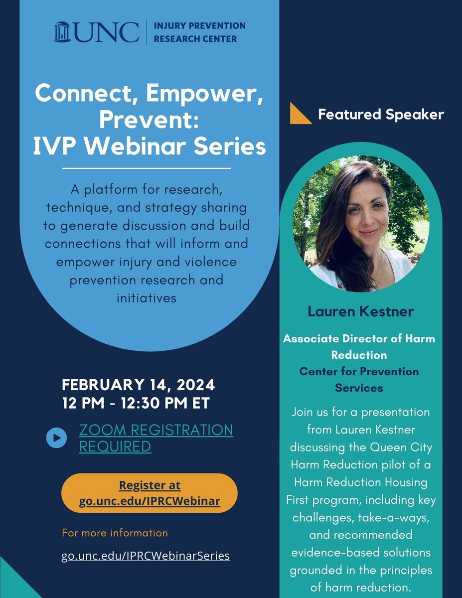 Join us for our February “Connect, Empower, Prevent” webinar! Wednesday, 2/14/24 from 12-12:30pm Featuring Lauren Kestner who will be sharing about the pilot of a Harm Reduction Housing First program implemented in Charlotte, NC. Register here: go.unc.edu/IPRCWebinar