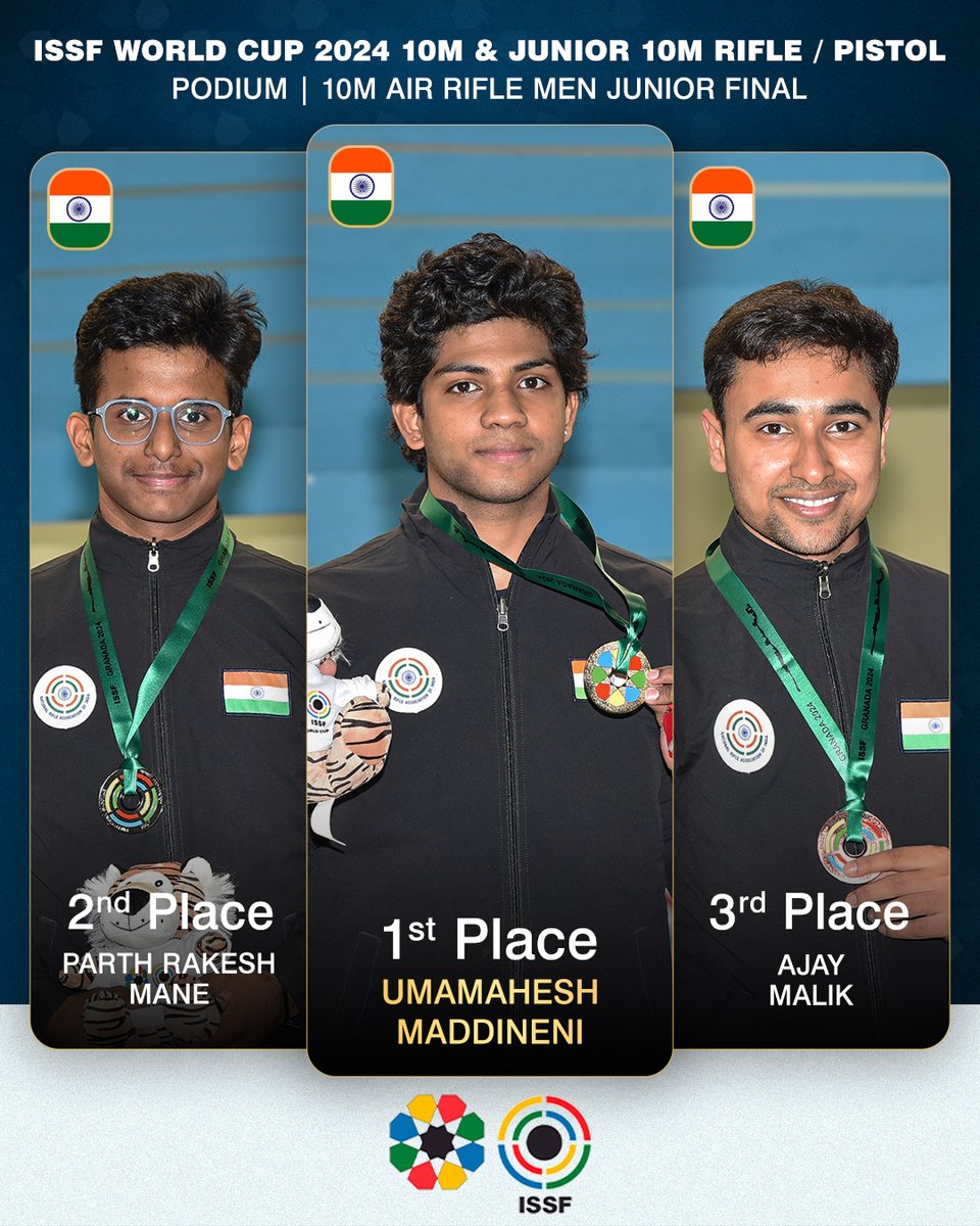 𝗔𝗹𝗹-𝗜𝗻𝗱𝗶𝗮 𝗽𝗼𝗱𝗶𝘂𝗺 𝗶𝗻 𝗚𝗿𝗮𝗻𝗮𝗱𝗮 🤩 🇮🇳🥇 Umamahesh Maddineni (IND) bags @officialNRAI's second gold of #ISSFGranada scoring 𝟮𝟱𝟮.𝟭 in the 10m Air Rifle Junior Final! 🥈 Parth Rakesh Mane (IND) 🇮🇳 🥉 Ajay Malik (IND) 🇮🇳 📸: Daniel Feito | #ISSFWorldCup