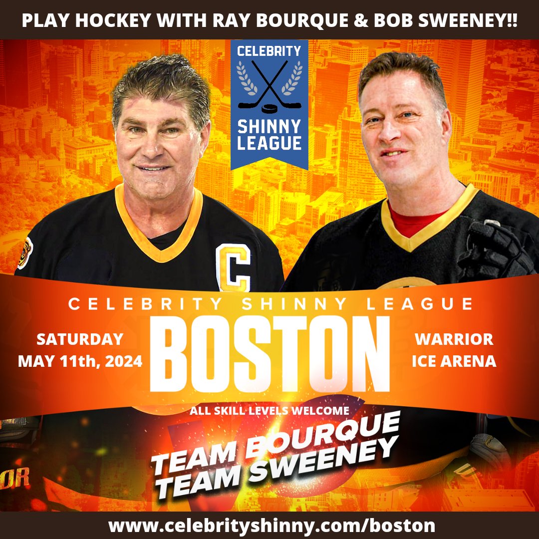 Want to join Bob Sweeney and me on the ice? We'll be at Warrior Ice Arena on May 11th to skate with you. Visit celebrityshinny.com/boston to learn more and sign up. All skill levels welcome. See you there.