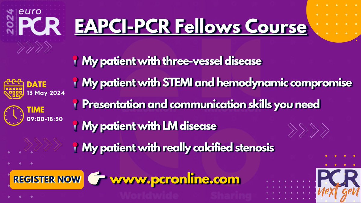 🟣 EAPCI-PCR Fellows Course #EuroPCR 2024 Hurry up and join your peers to; 🎯Learn 🎯Share 🎯Network 🔗Registiration 👉 bit.ly/3SU7F4C @gabor_gt @kiadeb87 @sbrugaletta @MilasinD18 @CCook_MD @KardiologieHH @valeriaparadies @aayshacader @NicolaRyanI1 @SPyxaras
