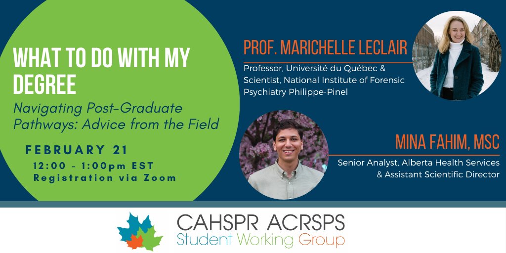 The @CAHSPRSWG is back with a new talk! 🥳 🤔Ever wondered what to do with your graduate diploma? 👩‍🏫If so, it's time to register for our next talk featuring Pr. @marichelec and Mr Mina Fahim. 👉To register: ucalgary.zoom.us/meeting/regist… @CAHSPR @tutor_phc