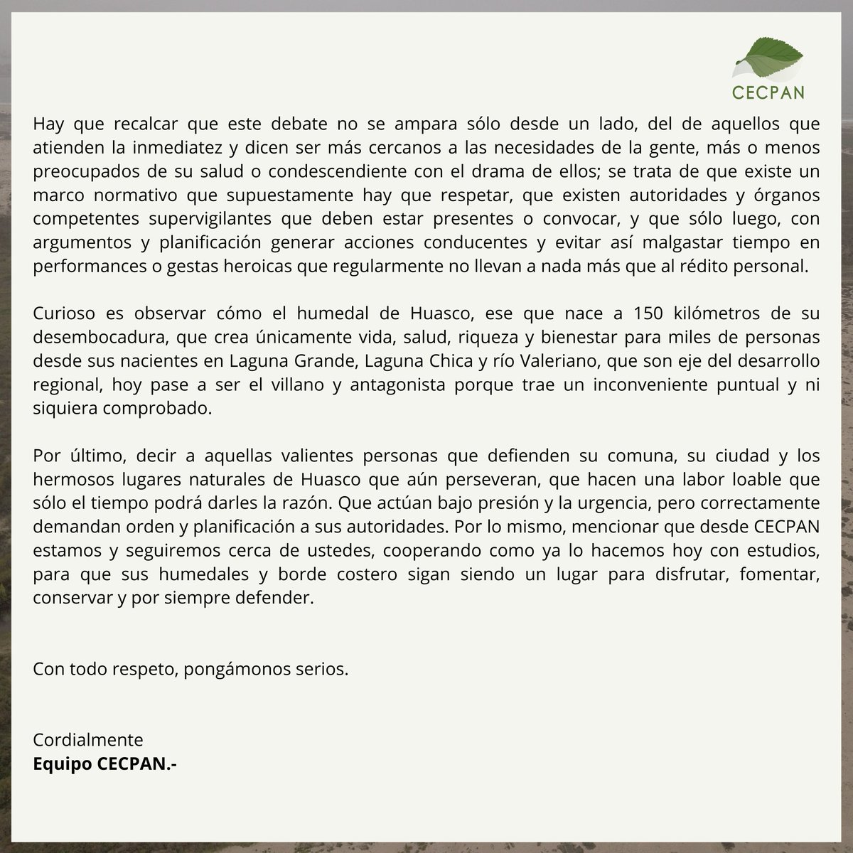 Humedal del río Huasco 
Por intervención del río Huasco y  denuncia de sus habitantes, nuestra postura técnica reiterando la importancia de tomar decisiones responsablemente <a href="/MMAAtacama/">Seremi Medio Ambiente Atacama</a> <a href="/DGTM_Chile/">DIRECTEMAR - Armada de Chile</a> <a href="/munidehuasco/">Municipalidad de Huasco</a> <a href="/DPRAtacama/">Delegación Presidencial Regional de Atacama</a> <a href="/24HorasTVN/">24 Horas</a> <a href="/SMA_CL/">Superintendencia del Medio Ambiente</a> <a href="/ladera_sur/">Ladera Sur 🌎</a> <a href="/mop/">mop</a> <a href="/sagchile/">SAG</a>