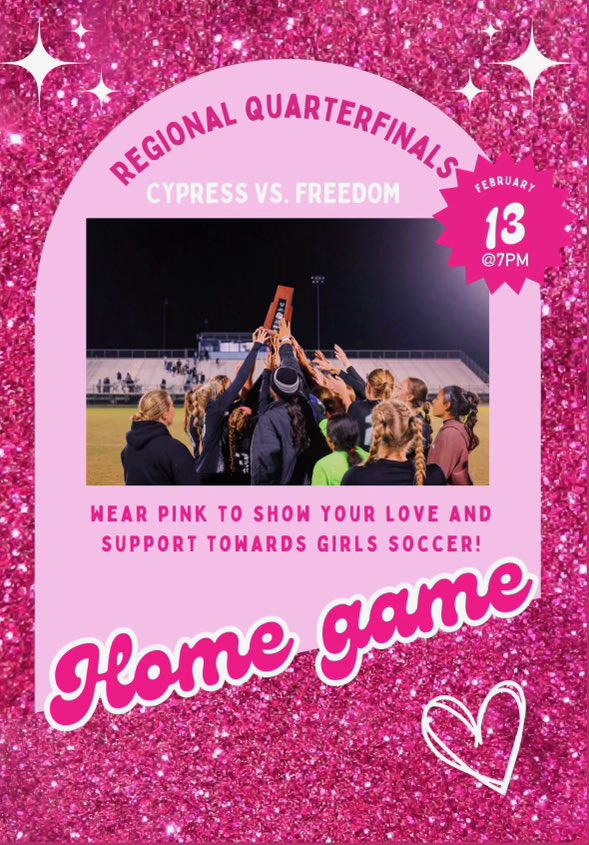 Wear pink and celebrate an early Valentines with girls soccer! There is a tailgate prior to the game if you purchased a ticket!