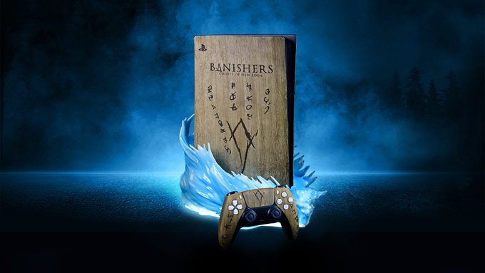 Beautyshot of the customized PlayStation 5 console and controller dedicated to the release of Banishers: Ghosts of New Eden. Both the body of the console and the controller imitate a slightly mossy light wood. On the console the logo of the game is carved in a dark brown color, and underneath many runes are carved in the same color as the title.Around the console itself, there is an enveloping light blue aura. The controller matches the console, made of mossy light wood and has runes decorating the handle and touch-pad.