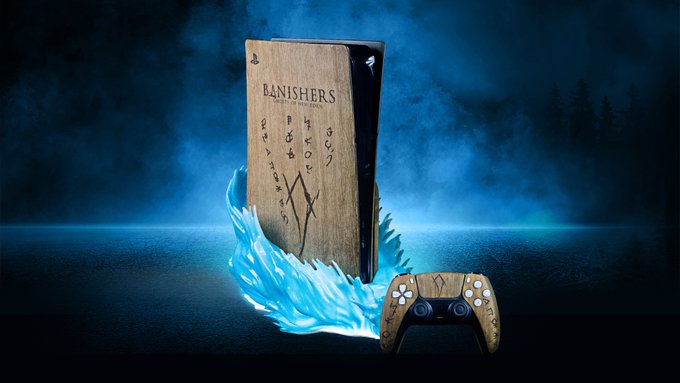 Beautyshot of the customized PlayStation 5 console and controller dedicated to the release of Banishers: Ghosts of New Eden. Both the body of the console and the controller imitate a slightly mossy light wood. On the console the logo of the game is carved in a dark brown color, and underneath many runes are carved in the same color as the title.Around the console itself, there is an enveloping light blue aura. The controller matches the console, made of mossy light wood and has runes decorating the handle and touch-pad.