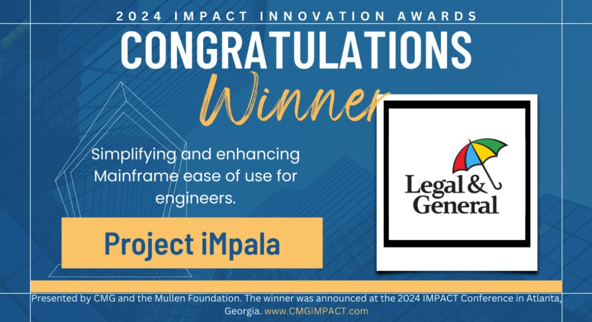 PatBojko's tweet photo. Congratulations Legal &amp; General on receiving the CMG Impact Innovation award for reimagining the #mainframe developer experience and bringing it to life! We are eagerly anticipating the ongoing collaboration in your #DevOps transformation journey. 
 https://t.co/AwJs1ZoWWY https://t.co/n8qxpfxypD