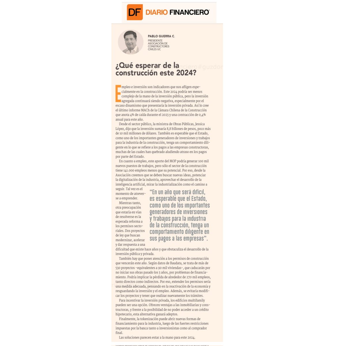 En columna de hoy en @DFinanciero el presidente de @CCivilesUC , @guerracpablo presenta una mirada sobre la #construcción 2024, destacando alternativas de #inversiónprivada