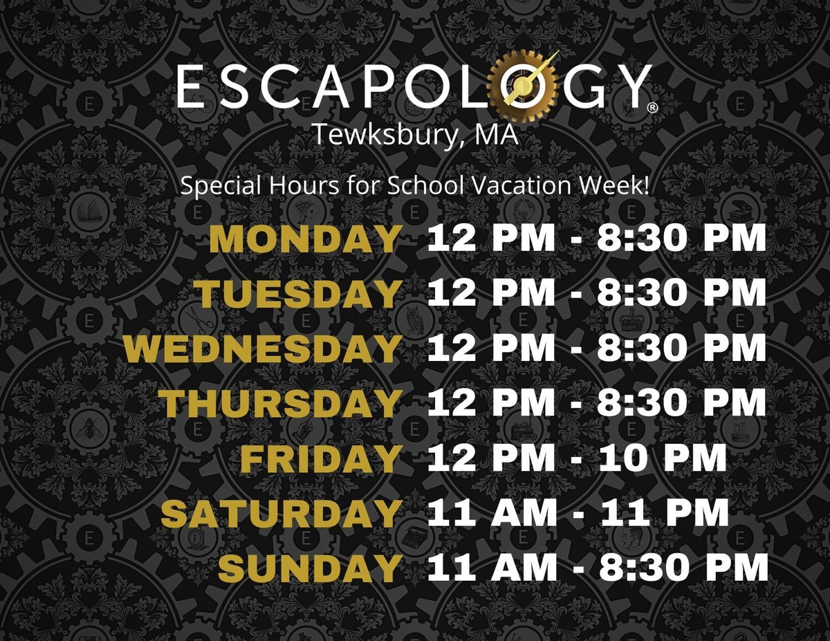 Like wow! We have extended hours for February School Vacation Week! ❄

Book now before the games are gone!
escapology.com/en/tewksbury-ma