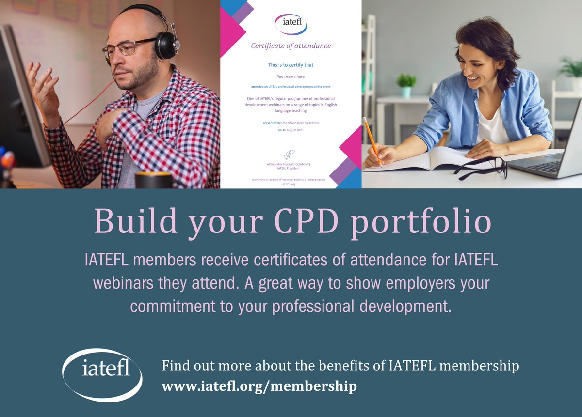 #IATEFL members have access to a huge, searchable archive of training webinars, & attendance certificates for each they participate in live. A great way to build your knowledge & your #CPD portfolio! Membership: iatefl.org/get-involved/m… Events: iatefl.org/events #ELT #TEFL