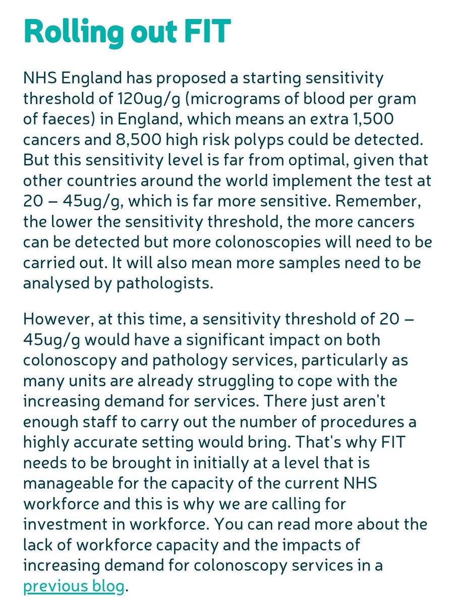 Bowel Cancer screening is a great example of how NHS lack of capacity costs lives. The FIT test threshold for bowel cancer is set at 120 in UK vs 20-45 in many other countries: