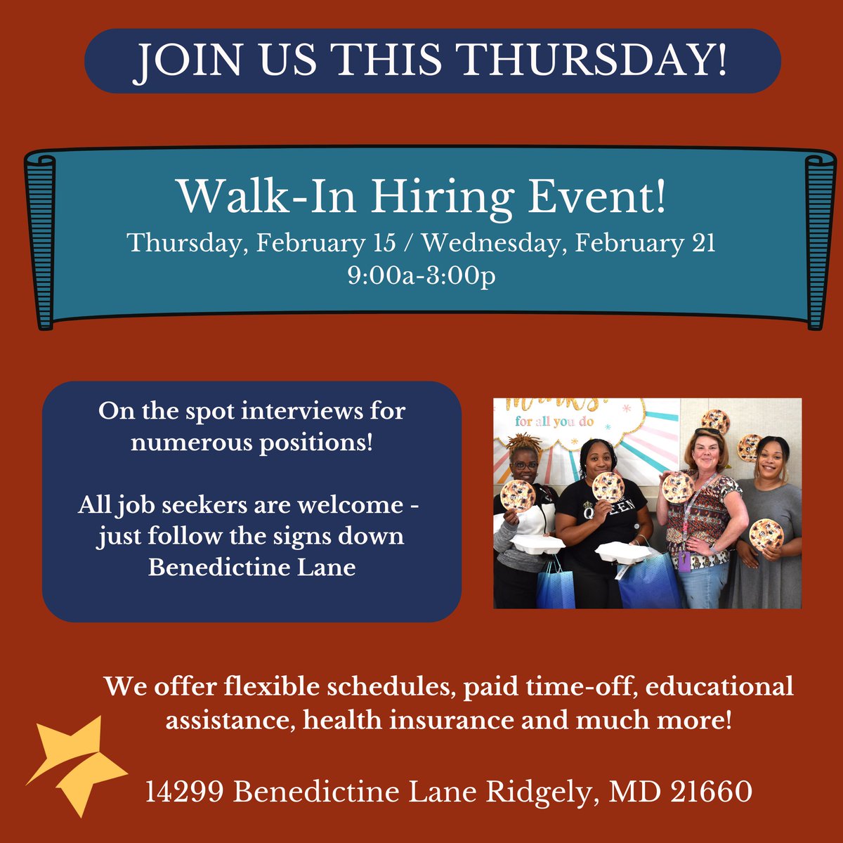 THIS THURSDAY! No appointment necessary. Learn more about Benedictine benschool.org #mdhiring #mdjobs #easternshoremd #developmentallydisabled #autism #bensupports