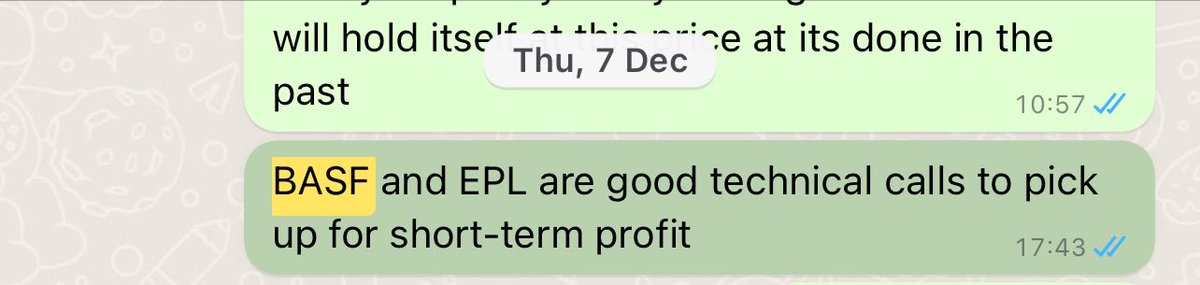 aryankhaunte's tweet photo. BASF up over 12% (over 15% if bought under 3000) since this - good short term profits in less than 3 months. EPL went up 3 or 4% then has been fluctuating up and down since, by June holding profits should be around 10% from current pricing. https://t.co/td9AWtMlfL
