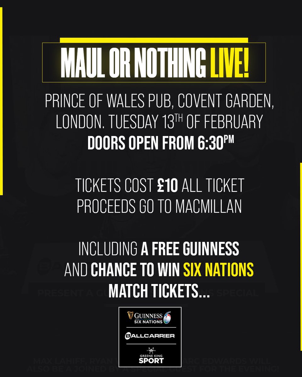 Great chat AND a chance to win tickets to England v Ireland at Twickenham... 👀 Join Ryan Wilson, Max Lahiff, Marc Edwards and Alfie Barbeary for an unforgettable evening on Tuesday the 13th February at The Prince of Wales Pub, Covent Garden! 👉 eventbrite.com/e/maul-or-noth…