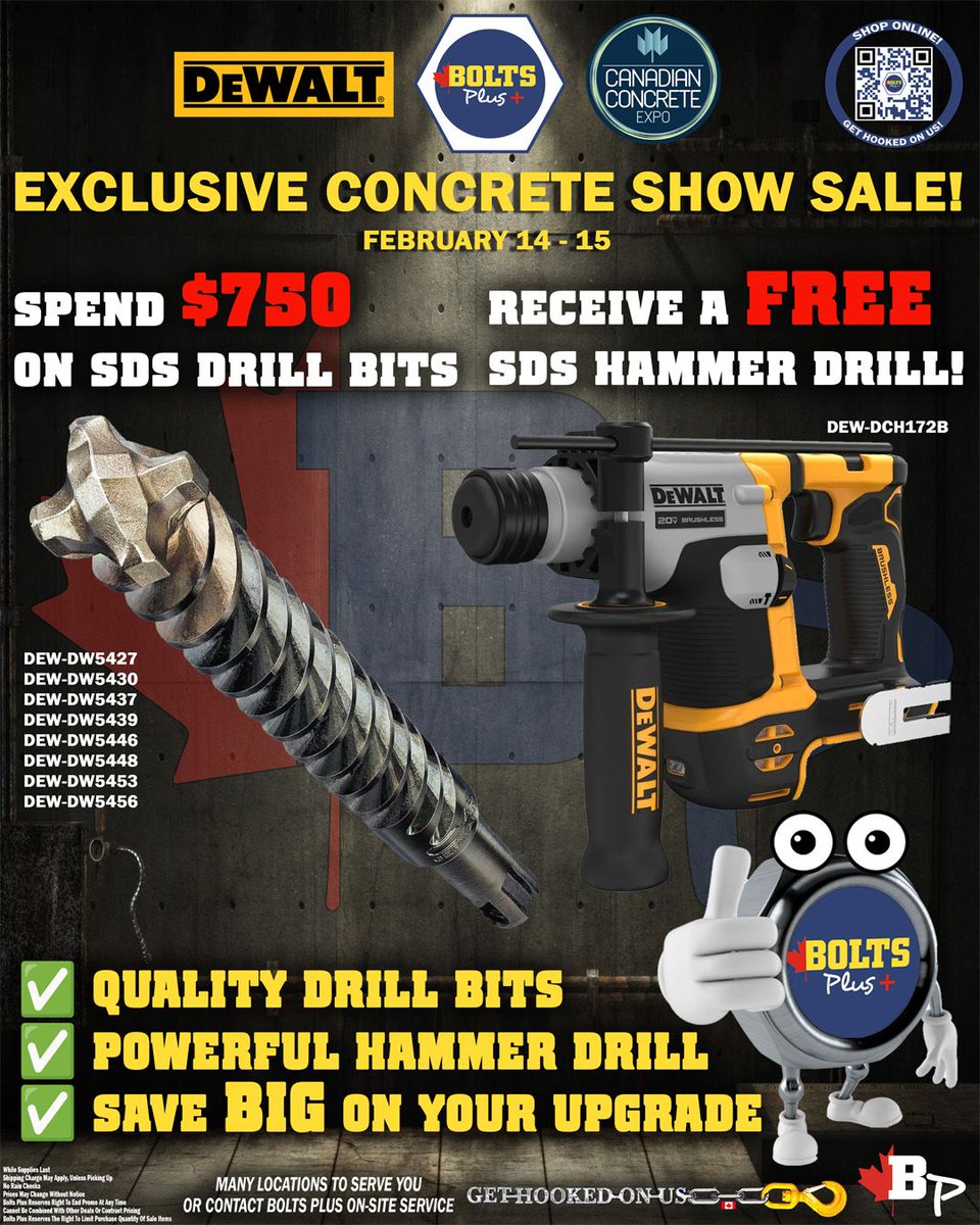 2 DAYS ONLY! @canadianconcreteexpo SPECIAL ! Feb 14 & 15th at any Bolts Plus near you. #boltsplus #canadianconcreteexpo #cce #tradeshow #concrete #milwaukeetool #dewalt #mxfuel #sds #specialoffers #powertools #tools #toolsofthetrade #construction #contractors #diy #ontario