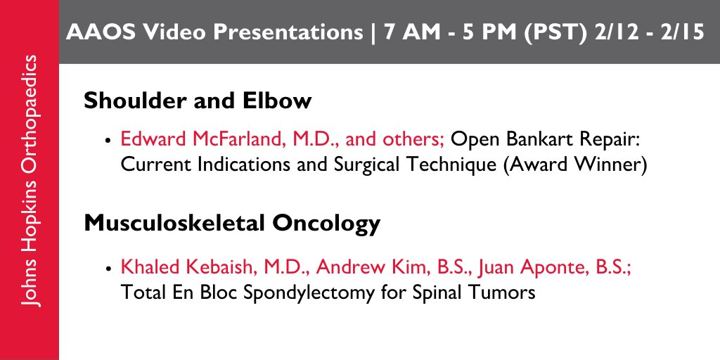 Watch award-winning video guides by our experts covering innovative surgical techniques for spine tumors and open Bankart repair at the Orthopaedic Video Theater in West Hall. #AAOS2024