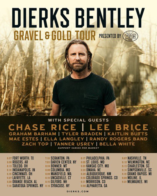 The #GravelAndGold Tour is hitting the road this year with @ChaseRiceMusic, @leebrice and so many more! We can’t wait to see y’all. Fan Club Presale: 2/13 at 10am (LOCAL) - 2/15 @Spotify Presale: 2/13 at 10am Public on sale: 2/16 at 10am LOCAL