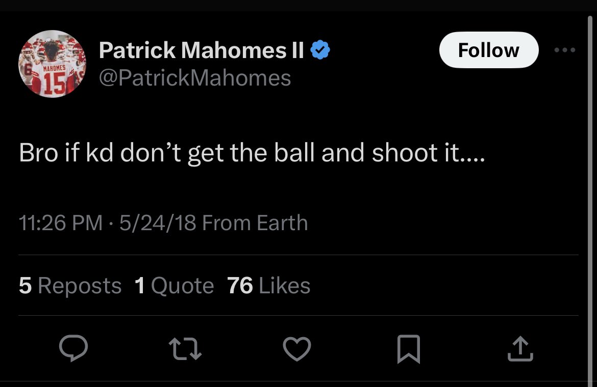 RyB_311's tweet photo. Mahomes is a KD Stan lmao https://t.co/oq9Q6TkyEW