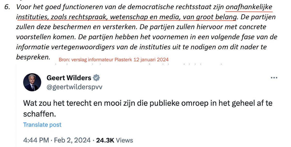 mmeeuw's tweet photo. Over betrouwbaarheid gesproken. Uit het verslag van Plasterk: partijen #PVV #BBB #VVD #NSC kwamen op 10 januari overeen dat partijen "onafhankelijke instituties zoals rechtspraak, wetenschap en media zullen beschermen en versterken" Wilders, op 2 februari: NPO afschaffen. https://t.co/s9u7qQALgC