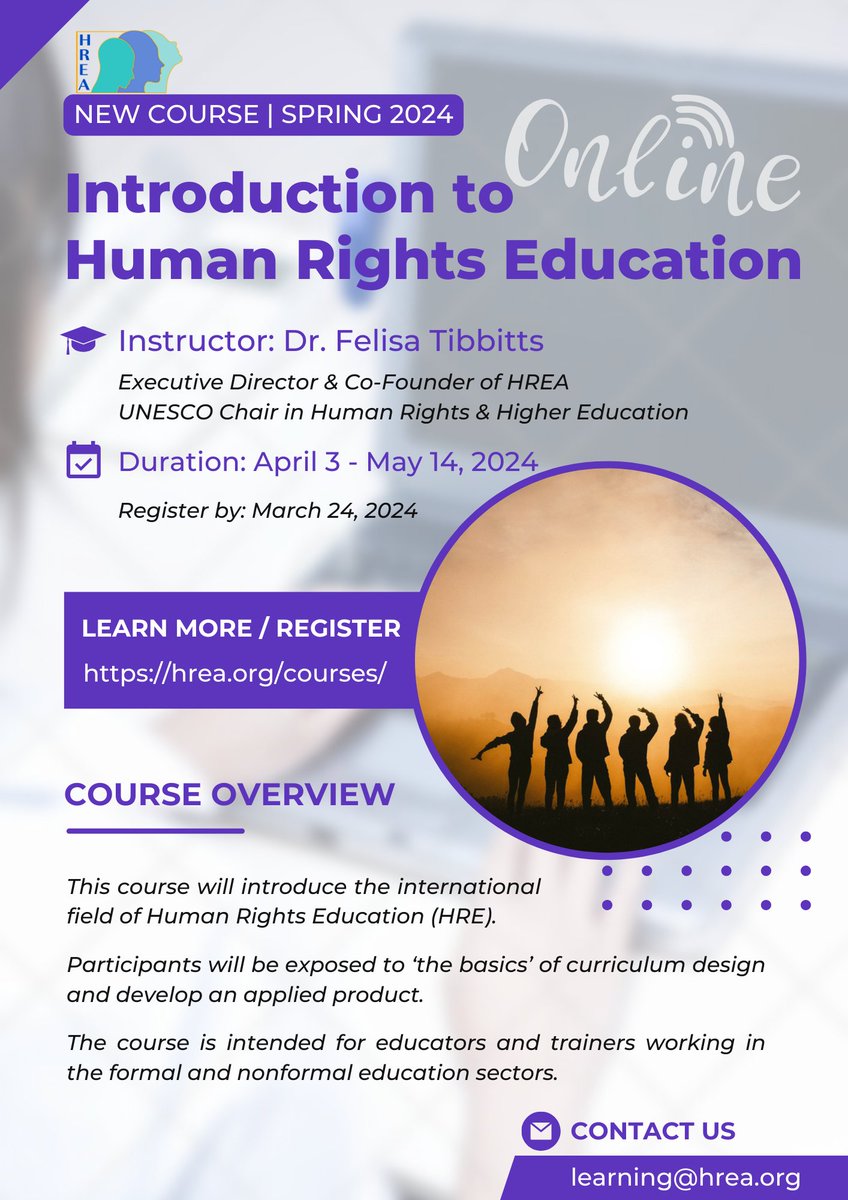We are offering an online course Introduction to Human Rights Education from 3 April - 14 May 2024. Register here: hrea.org/courses/intro-…

This course will be taught by HREA Director @FelisaTibbitts. Learn more: hrea.org/program-areas/…

Contact us at learning@hrea.org.