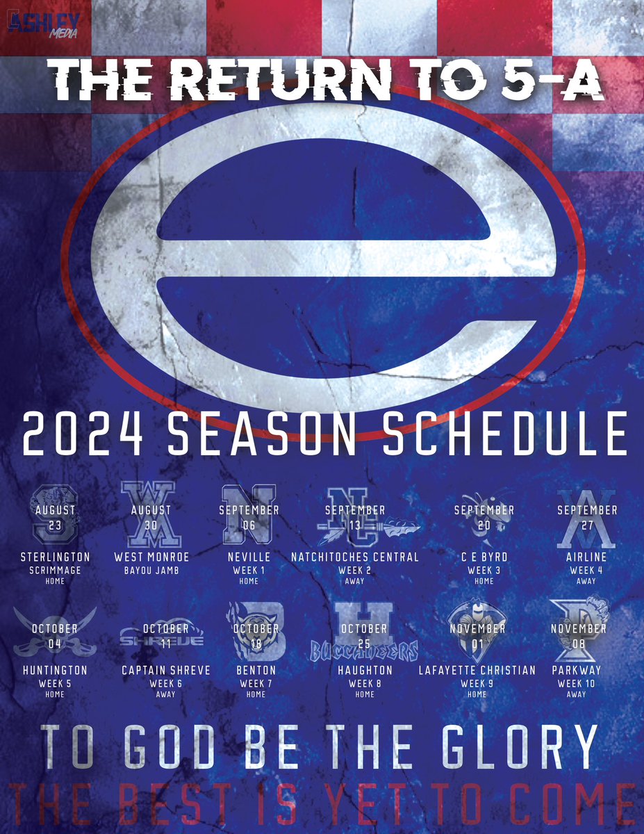 The return to 5-A The official 2024 Evangel Football Schedule is here! #WeReady #TheBestIsYetToCome #ToGodBeTheGlory @318Sports @JimmyWatson6 @KramerHagan