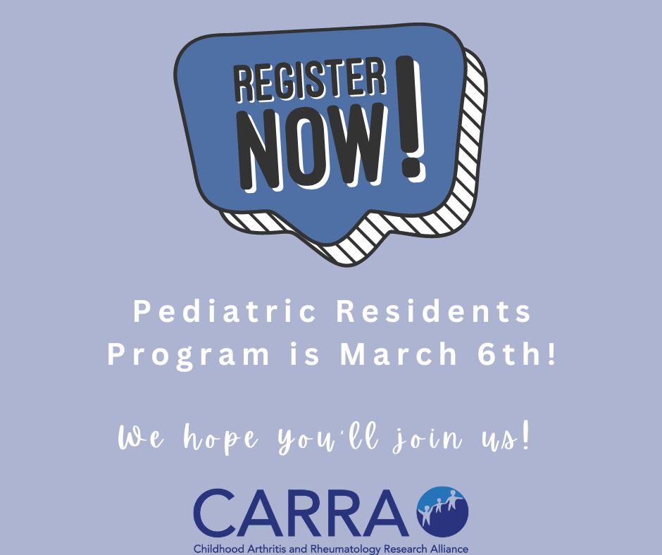 Calling all pediatric residents! Are you interested in considering peds rheumatology as a subspecialty? Register for our Residents Program to learn more about #pedsrheum and attend our annual conference! Join CARRA (it’s free) and then sign up by Feb. 28 ➡️tinyurl.com/yck2ur9u