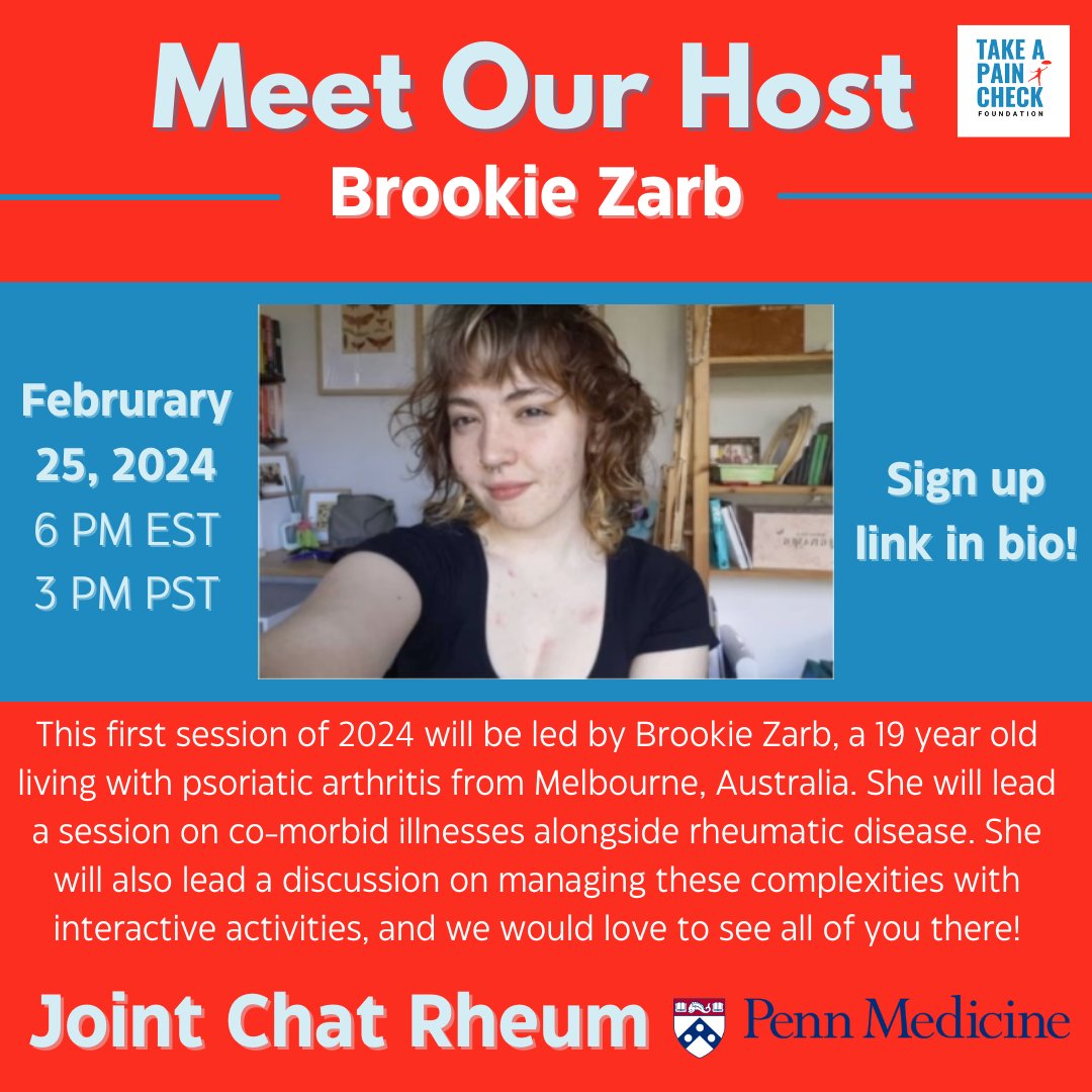 Our first session of Joint Chat Rheum will be hosted by Brookie Zarb! The session will be on February 25 starting at 6 PM EST and 3 PM PST. Use the link in our bio to sign up now!
#jointchatrheum #takeapaincheck #upenn #medicine #community #chronicillness #disability #rheumatic