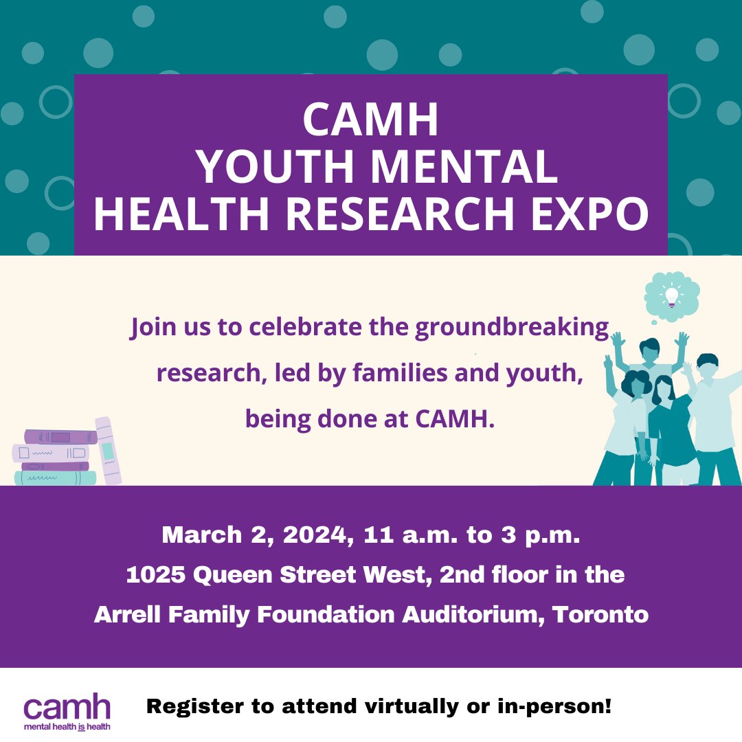 Join us for the CAMH #Youth Mental Health Research Expo, an opportunity for young people and families to learn more about youth #mentalhealth research, engage with scientists, and contribute to the development of #research at CAMH! ⬇️Register for FREE: eventbrite.ca/e/camh-youth-m…