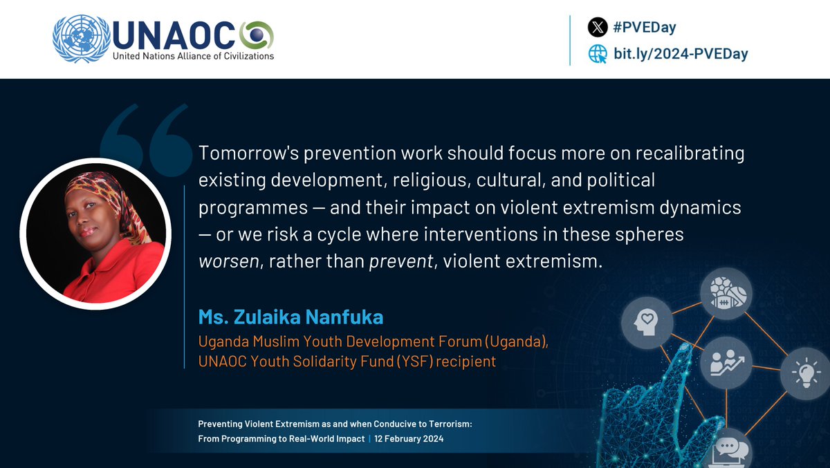 UNAOC's tweet photo. 🎙 Speaking at the @UN_OCT #PVEday event, Ms. Zulaika Nanfuka of @UmydF Uganda, a UNAOC #YouthSolidarityFund recipient, emphasized the need to recalibrate existing #PVE interventions and warned against perpetuating a cycle that may worsen, rather than prevent, violent extremism. https://t.co/ifLuhWlDma