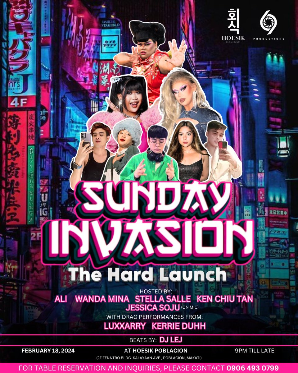 NI HAO, KONNICHIWA, SAWADEE KA or should we say ANNYEONG HASEYO SA IMONG TANAN!

See you sa Hard Launch ng SUNDAY INVASION only at Hoesik Makati.

Hosted by Ali, Wanda, Stella &amp; Ken + @ohmysalmyy (On Mic) 

With performances from <a href="/LuxxArry888/">Luxxarry</a> &amp; <a href="/kerrieduhh/">𝕯𝖚𝖍𝖍</a>

Beats by DJ LEJ