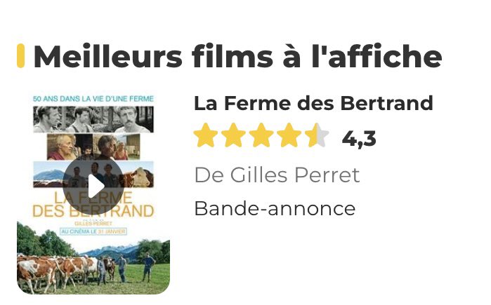 Gilles_Perret's tweet photo. 🏆 « La ferme des Bertrand » classé MEILLEUR FILM à l’affiche tous films confondus selon les spectateurs sur Allociné !
Merci 🤩 https://t.co/Oxk26lSnzu